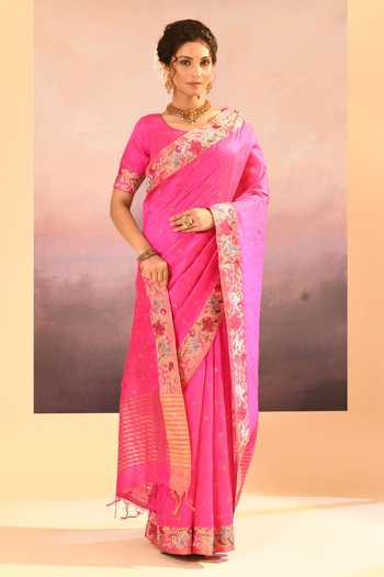 Buy_singhanias_Pink Silk Raw Saree And Running Blouse Fabric _Online_at_Aza_Fashions
