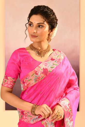 singhanias_Pink Silk Raw Saree And Running Blouse Fabric _at_Aza_Fashions