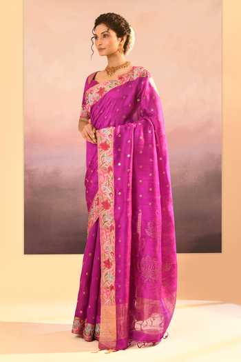 singhanias_Fuchsia Silk Saree And Running Blouse Fabric _at_Aza_Fashions