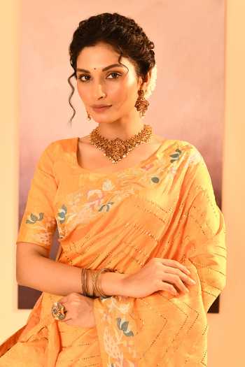 Shop_singhanias_Yellow Silk Raw Saree With Running Blouse Fabric _Online_at_Aza_Fashions