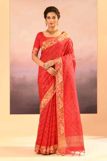 Buy_singhanias_Red Silk Raw Saree With Running Blouse Fabric _at_Aza_Fashions