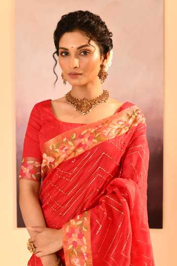 Shop_singhanias_Red Silk Raw Saree With Running Blouse Fabric _Online_at_Aza_Fashions