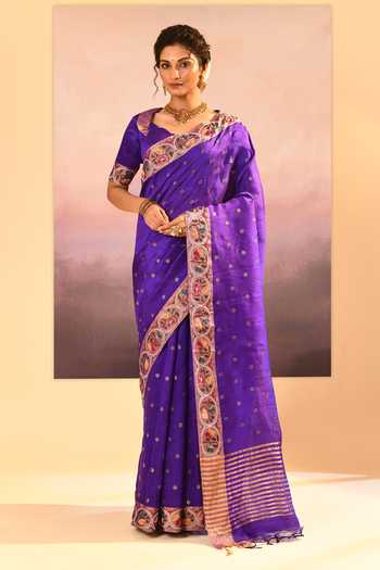 Buy_singhanias_Purple Silk Raw Saree With Running Blouse Fabric _at_Aza_Fashions