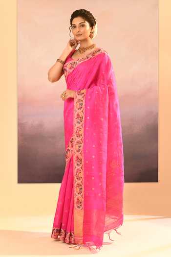 Buy_singhanias_Pink Silk Raw Saree With Running Blouse Fabric _Online_at_Aza_Fashions