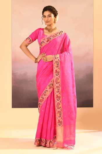singhanias_Pink Silk Raw Saree With Running Blouse Fabric _at_Aza_Fashions