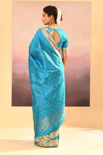 singhanias_Turquoise Silk Raw Saree With Running Blouse Fabric _Online_at_Aza_Fashions
