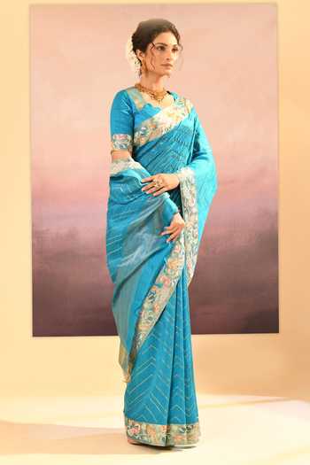 Buy_singhanias_Turquoise Silk Raw Saree With Running Blouse Fabric _Online_at_Aza_Fashions