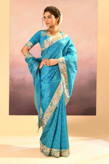 Shop_singhanias_Turquoise Silk Raw Saree With Running Blouse Fabric _Online_at_Aza_Fashions