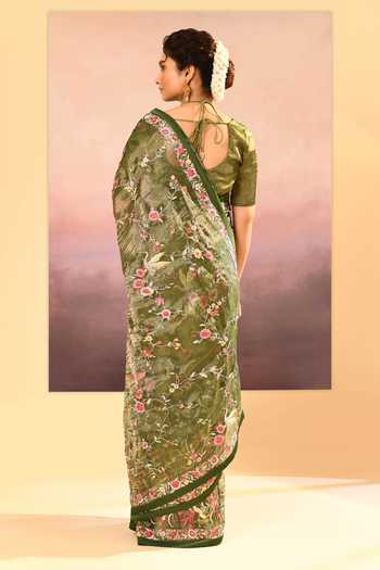 singhanias_Olive Green Tissue Halter Neck Saree With Running Blouse Fabric _Online_at_Aza_Fashions