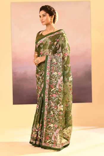 Buy_singhanias_Olive Green Tissue Halter Neck Saree With Running Blouse Fabric _Online_at_Aza_Fashions