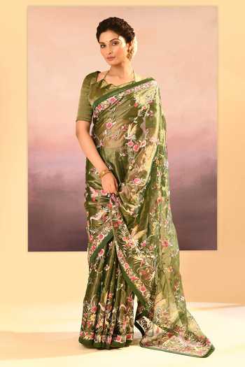 Shop_singhanias_Olive Green Tissue Halter Neck Saree With Running Blouse Fabric _Online_at_Aza_Fashions