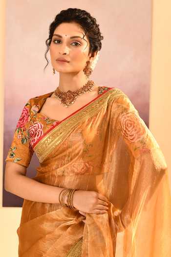 Shop_singhanias_Gold Tissue Saree With Running Blouse Fabric _Online_at_Aza_Fashions