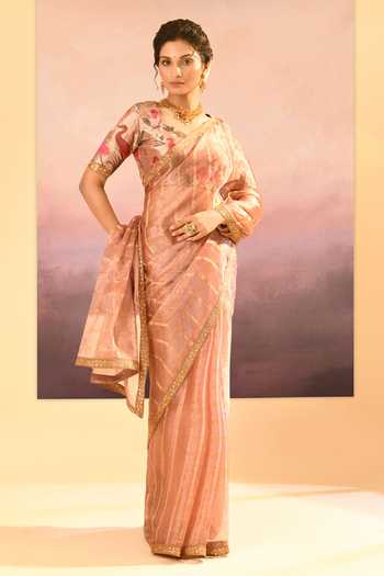 Shop_Singhanias_Beige Tissue Saree With Running Blouse Fabric _Online_at_Aza_Fashions
