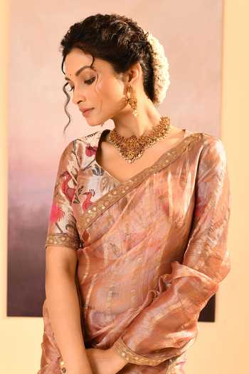 Singhanias_Beige Tissue Saree With Running Blouse Fabric _at_Aza_Fashions