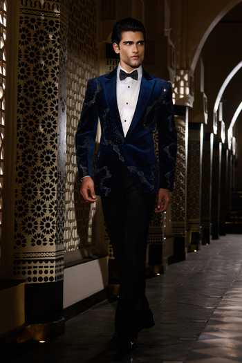 Contrast By Parth_Blue Velvet Beads, Crystals Eclipse Embroidered Tuxedo Set _Online_at_Aza_Fashions