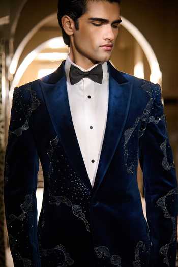 Buy_Contrast By Parth_Blue Velvet Beads, Crystals Eclipse Embroidered Tuxedo Set _Online_at_Aza_Fashions