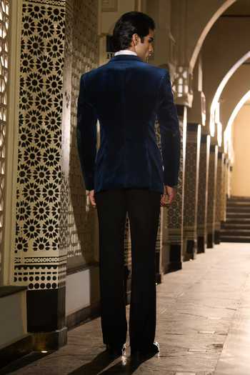 Shop_Contrast By Parth_Blue Velvet Beads, Crystals Eclipse Embroidered Tuxedo Set _at_Aza_Fashions