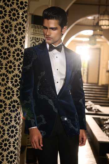 Shop_Contrast By Parth_Blue Velvet Beads, Crystals Eclipse Embroidered Tuxedo Set _Online_at_Aza_Fashions