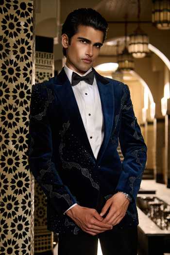 Contrast By Parth_Blue Velvet Beads, Crystals Eclipse Embroidered Tuxedo Set _at_Aza_Fashions