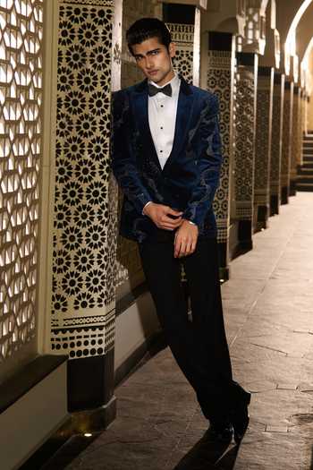 Buy_Contrast By Parth_Blue Velvet Beads, Crystals Eclipse Embroidered Tuxedo Set 