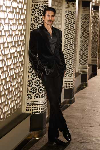 Contrast By Parth_Black Velvet Crystals Orbit Embroidered Tuxedo Set _at_Aza_Fashions