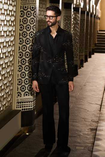 Shop_Contrast By Parth_Black Lycra, Suiting Sequins, Crystals Solstice Embroidered Tuxedo Set _Online_at_Aza_Fashions
