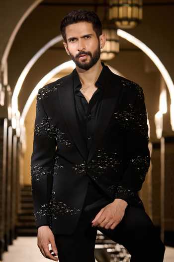 Contrast By Parth_Black Lycra, Suiting Sequins, Crystals Solstice Embroidered Tuxedo Set _at_Aza_Fashions