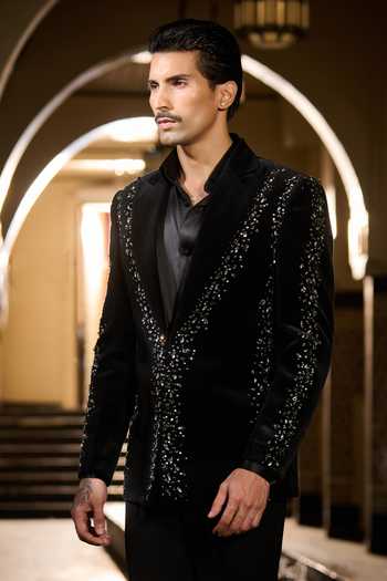 Contrast By Parth_Black Velvet Sequins, Crystals Cosmos Embroidered Tuxedo Set _at_Aza_Fashions