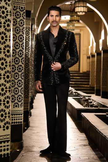 Buy_Contrast By Parth_Black Velvet Sequins, Crystals Cosmos Embroidered Tuxedo Set _at_Aza_Fashions