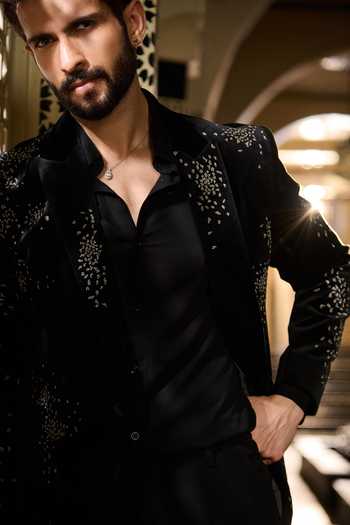 Buy_Contrast By Parth_Black Velvet Stones, Crystals Nebula Embroidered Tuxedo Set _Online_at_Aza_Fashions
