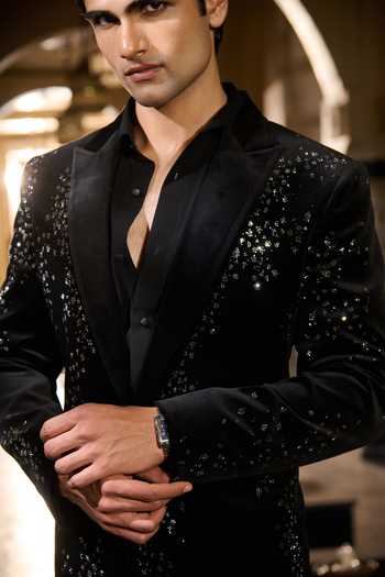 Shop_Contrast By Parth_Black Velvet Crystals Zenith Embroidered Tuxedo Set _Online_at_Aza_Fashions