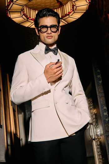 Contrast By Parth_Ivory Lycra, Suiting Arc Embroidered Tuxedo Set _Online_at_Aza_Fashions