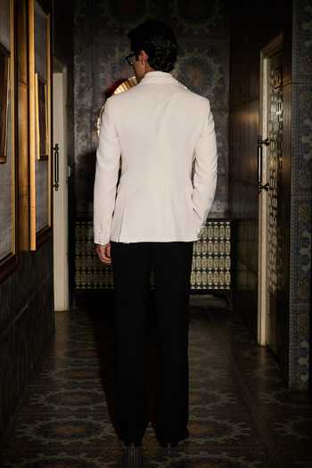 Shop_Contrast By Parth_Ivory Lycra, Suiting Arc Embroidered Tuxedo Set _at_Aza_Fashions