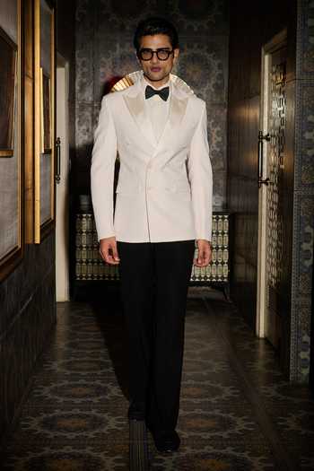 Shop_Contrast By Parth_Ivory Lycra, Suiting Arc Embroidered Tuxedo Set _Online_at_Aza_Fashions