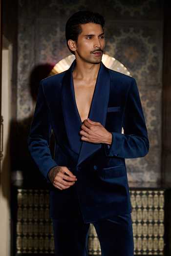 Contrast By Parth_Blue Velvet Abyss Embroidered Tuxedo Set _Online_at_Aza_Fashions