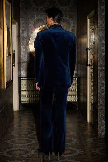 Shop_Contrast By Parth_Blue Velvet Abyss Embroidered Tuxedo Set _at_Aza_Fashions