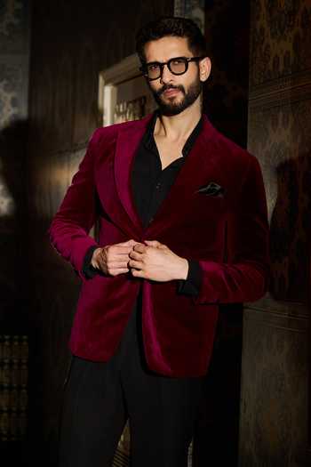 Contrast By Parth_Burgundy Velvet Crimson Embroidered Tuxedo Set _Online_at_Aza_Fashions