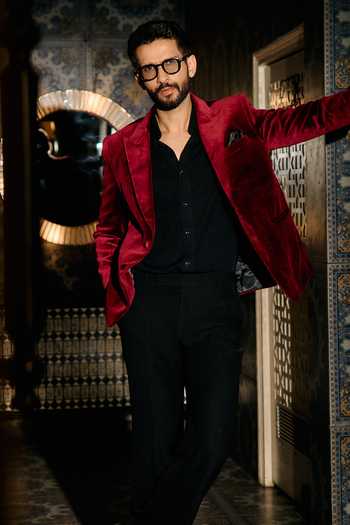 Buy_Contrast By Parth_Burgundy Velvet Crimson Embroidered Tuxedo Set _Online_at_Aza_Fashions