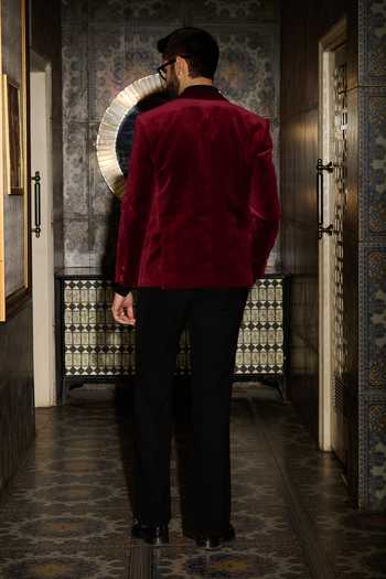 Shop_Contrast By Parth_Burgundy Velvet Crimson Embroidered Tuxedo Set _at_Aza_Fashions