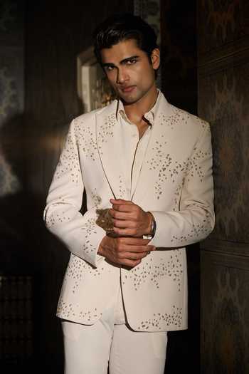 Contrast By Parth_Ivory Lycra, Suiting Mirrors Lunar Embroidered Tuxedo Set _Online_at_Aza_Fashions