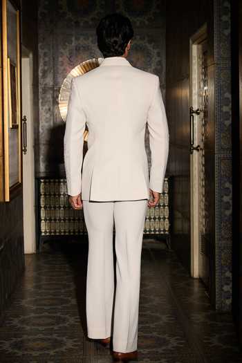 Shop_Contrast By Parth_Ivory Lycra, Suiting Mirrors Lunar Embroidered Tuxedo Set _at_Aza_Fashions