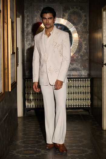 Buy_Contrast By Parth_Ivory Lycra, Suiting Mirrors Lunar Embroidered Tuxedo Set _Online_at_Aza_Fashions