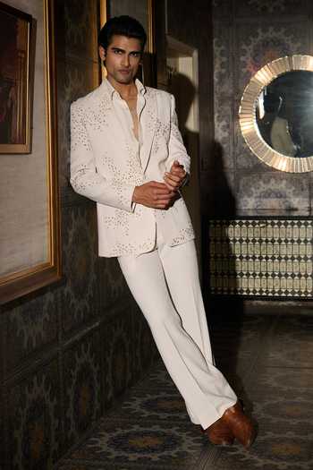Shop_Contrast By Parth_Ivory Lycra, Suiting Mirrors Lunar Embroidered Tuxedo Set _Online_at_Aza_Fashions
