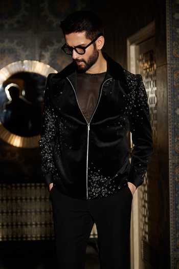Contrast By Parth_Black Velvet Solstice Embroidered Bomber Jacket Set _Online_at_Aza_Fashions