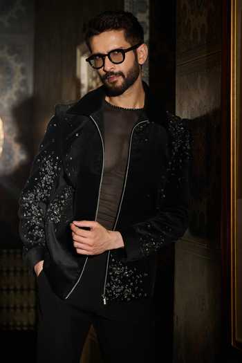 Buy_Contrast By Parth_Black Velvet Solstice Embroidered Bomber Jacket Set _Online_at_Aza_Fashions
