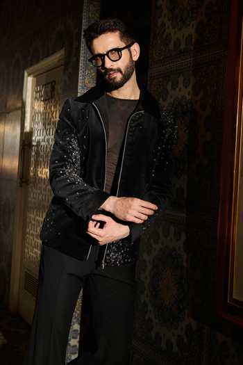 Shop_Contrast By Parth_Black Velvet Solstice Embroidered Bomber Jacket Set _Online_at_Aza_Fashions