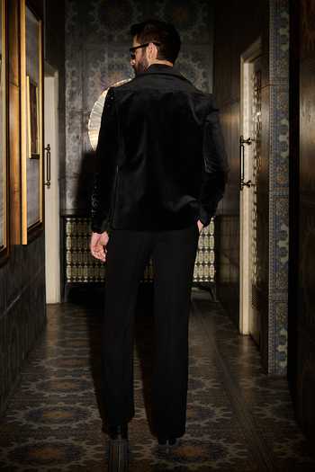 Shop_Contrast By Parth_Black Velvet Solstice Embroidered Bomber Jacket Set _at_Aza_Fashions