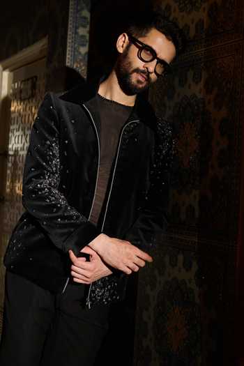 Contrast By Parth_Black Velvet Solstice Embroidered Bomber Jacket Set _at_Aza_Fashions