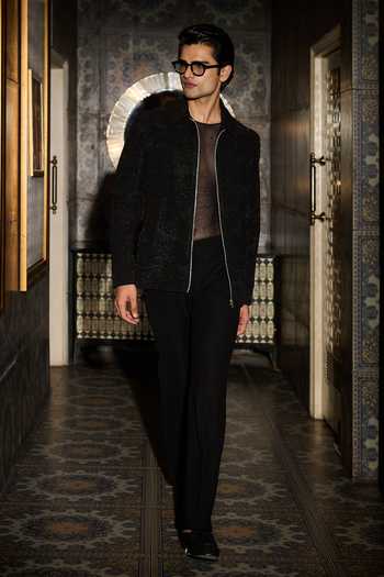 Buy_Contrast By Parth_Black Lycra, Suiting Vortex Embroidered Bomber Jacket Set _at_Aza_Fashions