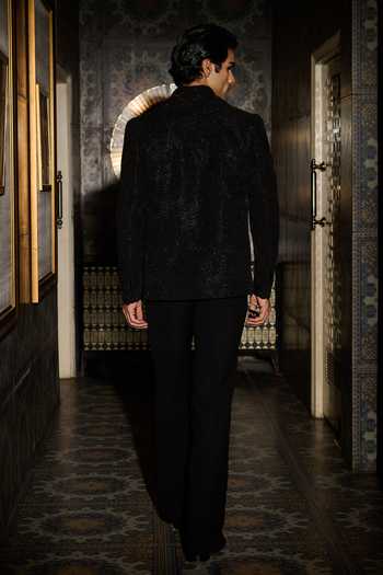 Shop_Contrast By Parth_Black Lycra, Suiting Vortex Embroidered Bomber Jacket Set _at_Aza_Fashions